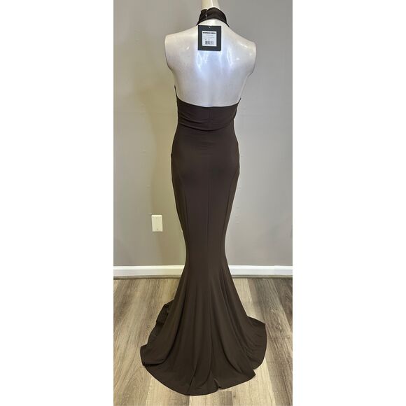 NWT Norma Kamali Halter Turtle Fishtail Gown in Chocolate Size XXS $195 - Picture 7 of 10